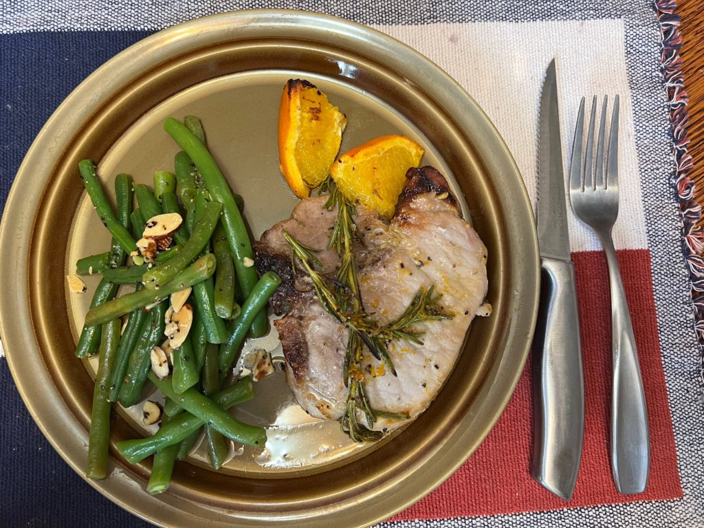 Orange Glazed Pork Chops with Almond Green Beans