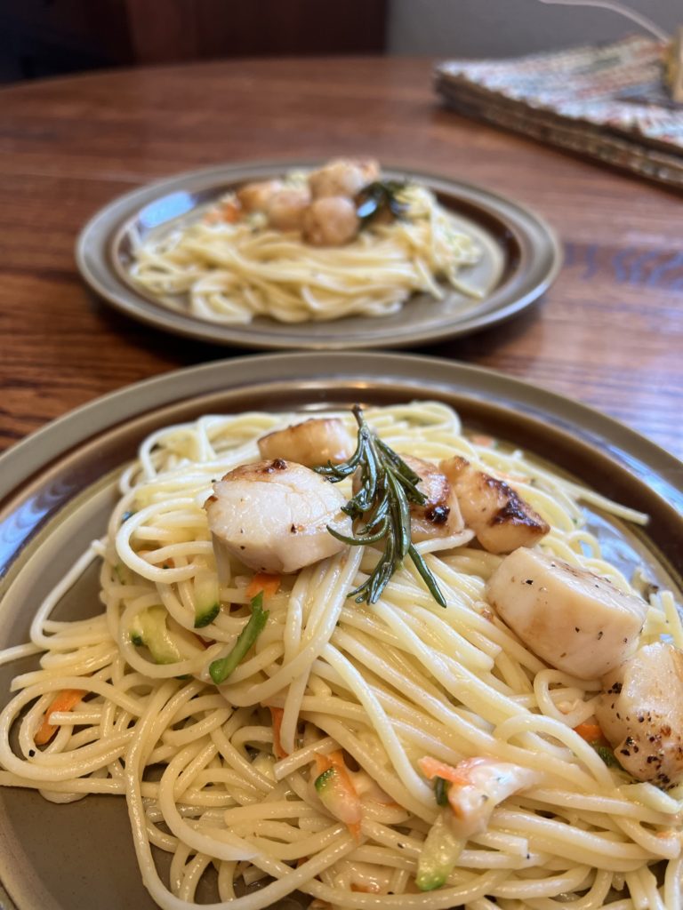 Parmesan & Veggie Noodles served with Rosemary Pan Seared Scallops